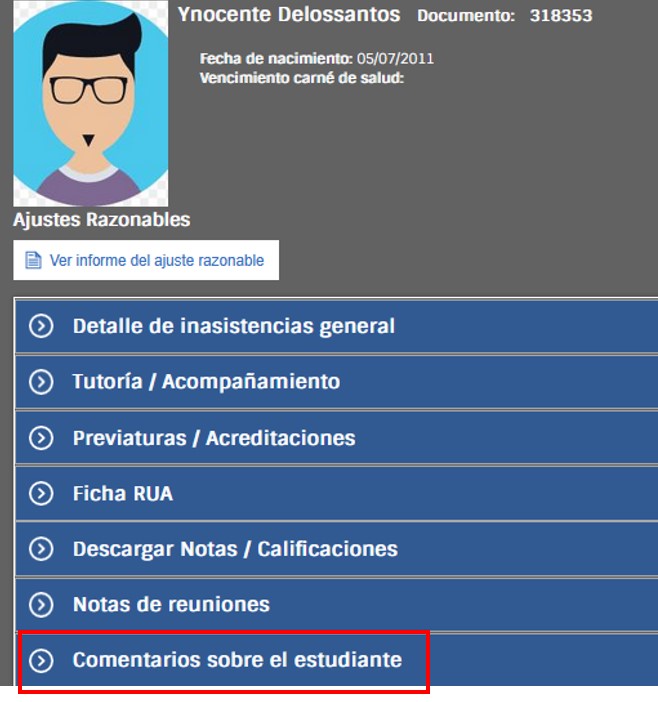 imagen pantalla comentarios sobre el estudiante
