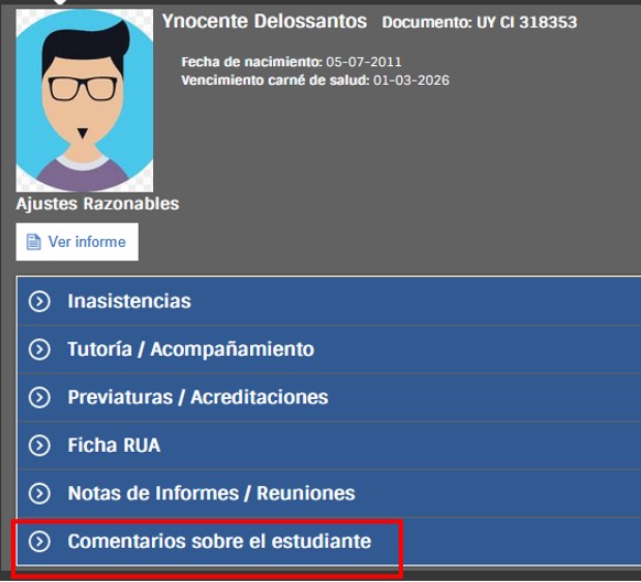 imagen pantalla comentarios sobre el estudiante
