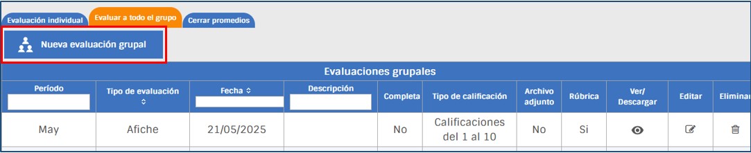 Imagen de selección de la pestaña nueva evaluación grupal