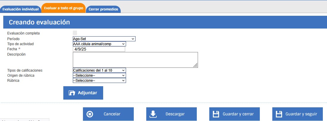 imagen de selección de la pestaña evaluar todo el grupo