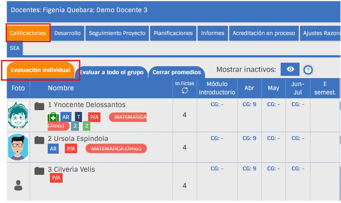 pantalla calificación - evaluación individual