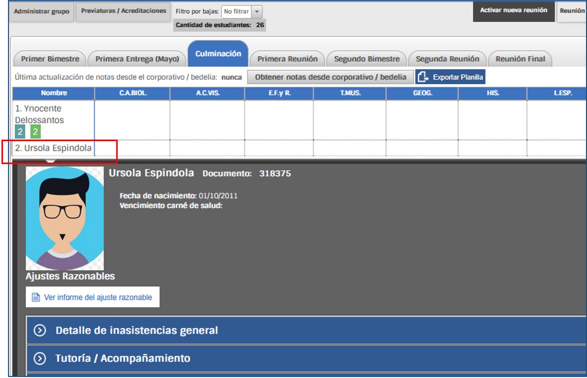 imagen de la información del estudiante