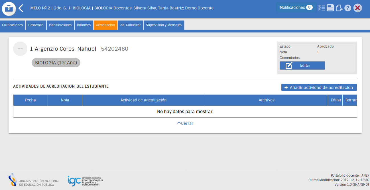 Pantalla pestaña de acreditaciones