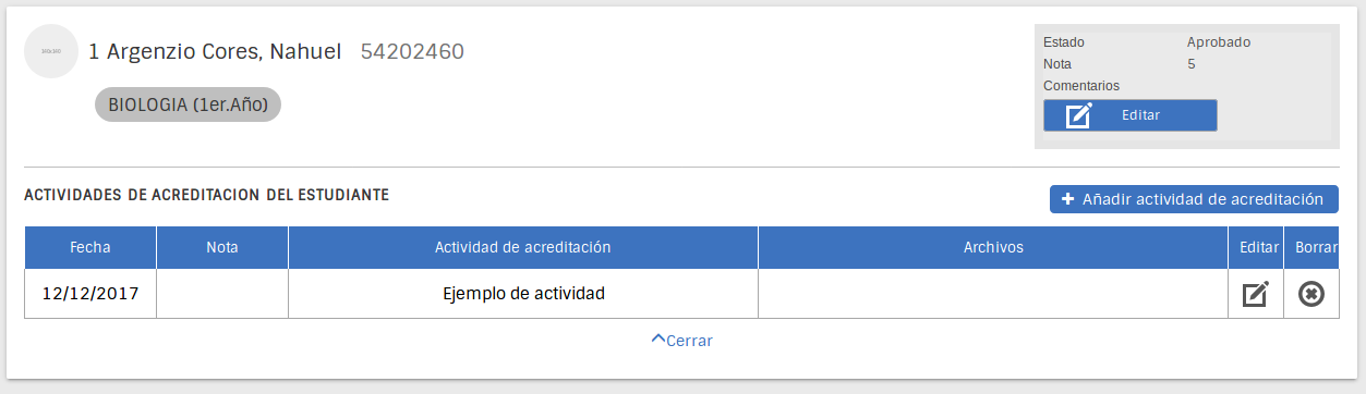 Pantalla lista de actividades de acreditación del estudiante