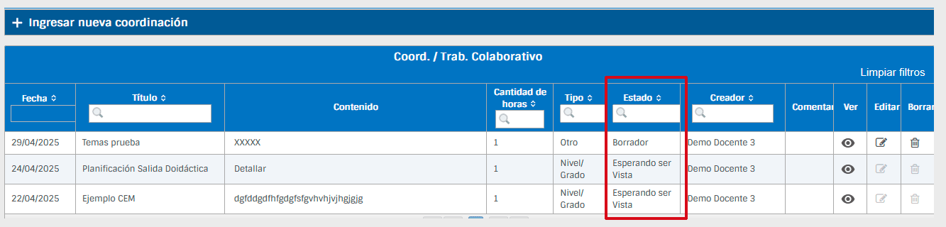 Imagen pantalla de estado del trabajo colaborativo